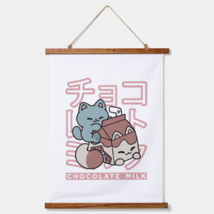 Kawaii Kat met Chocolademelk – Japanse Pop Art Hangend Wandkleed