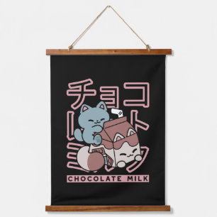 Kawaii Kat met Chocolademelk – Japanse Pop Art Hangend Wandkleed
