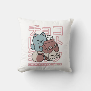 Kawaii Kat met Chocolademelk – Japanse Pop Art  Kussen