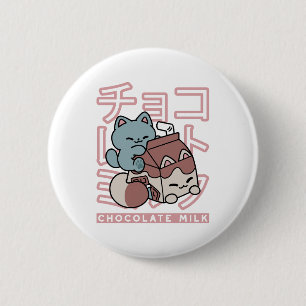 Kawaii Kat met Chocolademelk – Japanse Pop Art Ronde Button 5,7 Cm