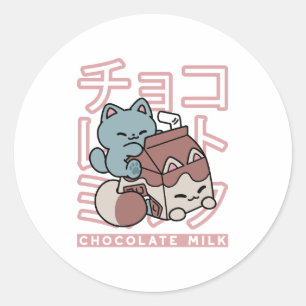Kawaii Kat met Chocolademelk – Japanse Pop Art Ronde Sticker