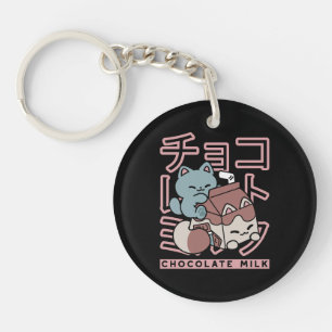 Kawaii Kat met Chocolademelk – Japanse Pop Art Sleutelhanger