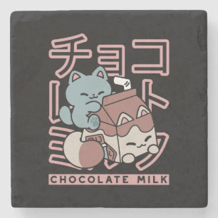 Kawaii Kat met Chocolademelk – Japanse Pop Art Stenen Onderzetter