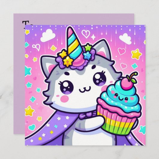 Kawaii Kat met cupcake Kaart (Voorkant / Achterkant)