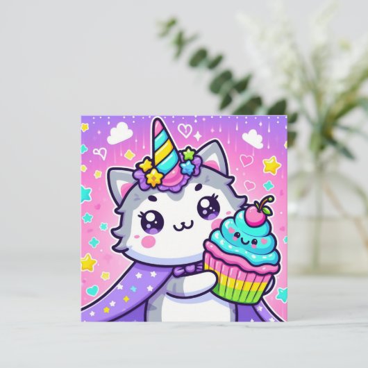 Kawaii Kat met cupcake Kaart (Staand voorkant)