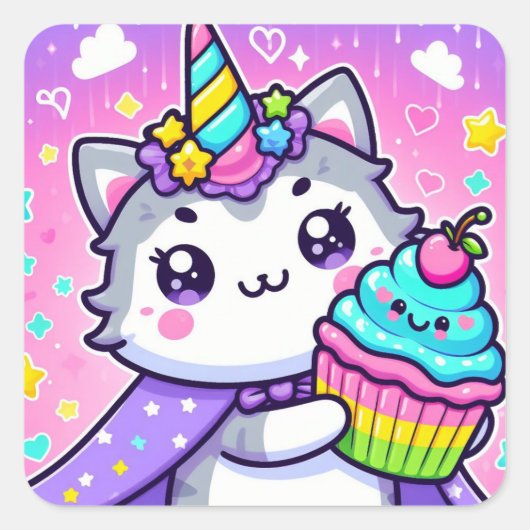 Kawaii Kat met cupcake Verjaardag Vierkante Sticker (Voorkant)
