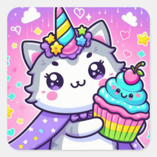 Kawaii Kat met cupcake Verjaardag Vierkante Sticker