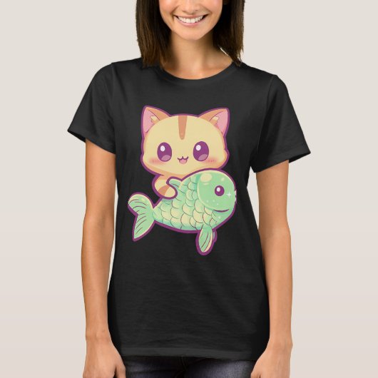 Kawaii kat met vis t-shirt (Voorkant)