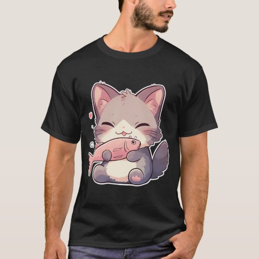Kawaii kat met vis t-shirt (Voorkant)