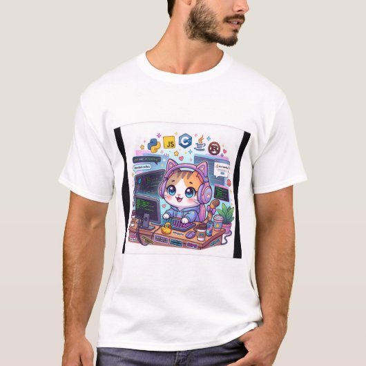 Kawaii Kat Programmer T-Shirt | Cute Codeer Kat An (Voorkant)