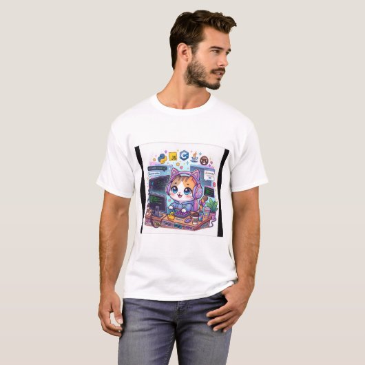 Kawaii Kat Programmer T-Shirt | Cute Codeer Kat An (Voorkant volledig)
