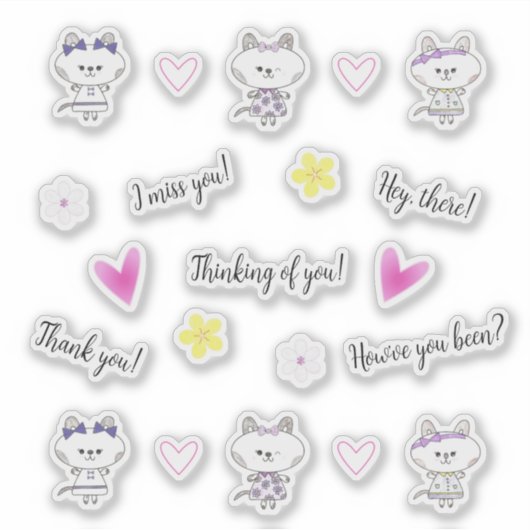 Kawaii kat, roze harten, sticker set (Voorkant)