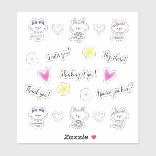Kawaii kat, roze harten, sticker set (Vel)