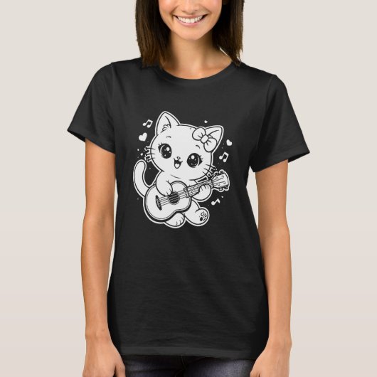Kawaii Kat Speelt Ukulele Lang Mouw T-shirt (Voorkant)