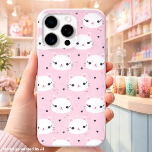 Kawaii Kattengezichten met Hartjes – Mooie Roze Pa iPhone 15 Pro Max Hoesje