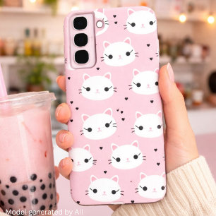 Kawaii Kattengezichten met Hartjes – Mooie Roze Pa Samsung Galaxy Hoesje