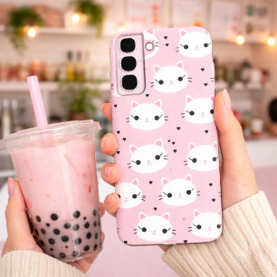 Kawaii Kattengezichten met Hartjes – Mooie Roze Pa Samsung Galaxy Hoesje