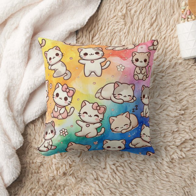 Kawaii kattenkussen met waterverf regenboog kussen (Deken)