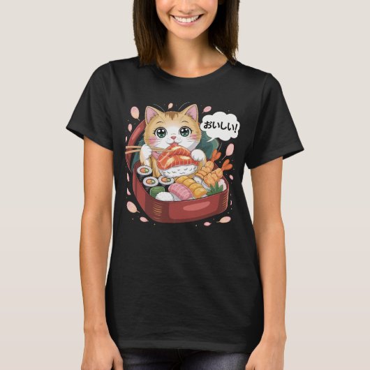 Kawaii Katze mit Sushi T-shirt (Voorkant)