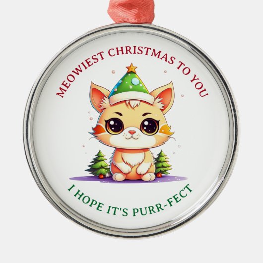Kawaii Kerst Kitten Vakantie Kat Pun Metalen Ornament (Voorkant)