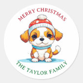 Kawaii Kerst Puppy Hond Familienaam Ronde Sticker (Voorkant)