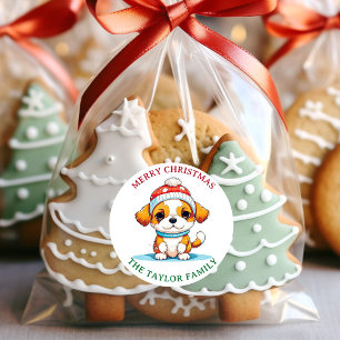 Kawaii Kerst Puppy Hond Familienaam Ronde Sticker