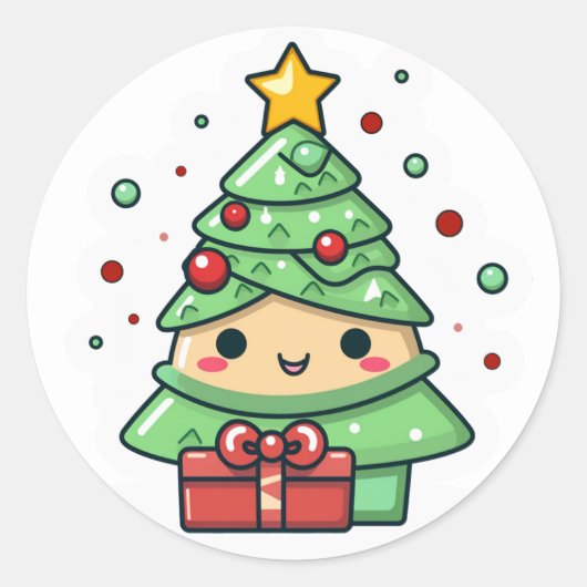 Kawaii kerstboom ronde sticker (Voorkant)