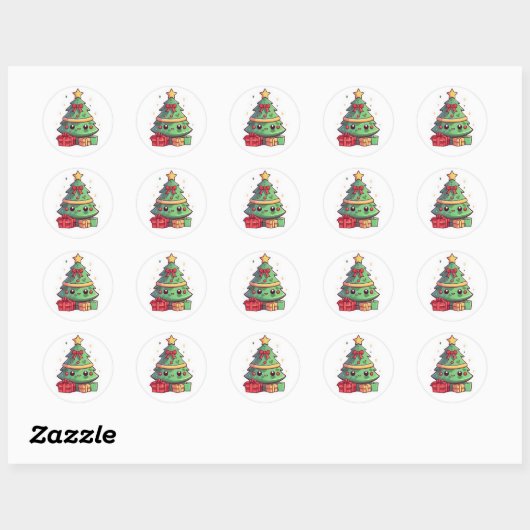 Kawaii kerstboom ronde sticker (Vel)