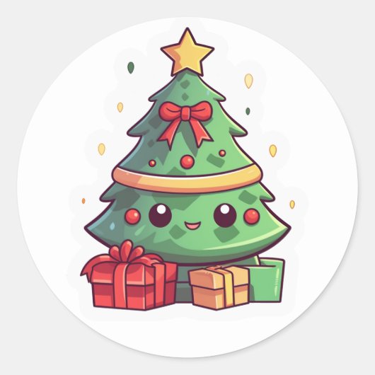 Kawaii kerstboom ronde sticker (Voorkant)