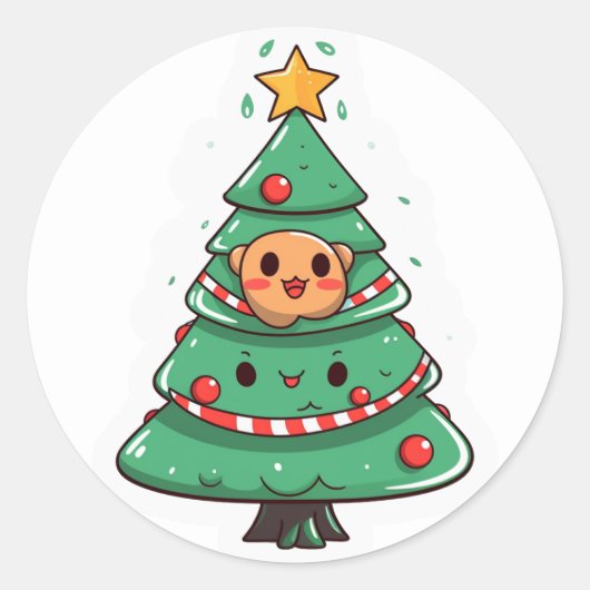 Kawaii kerstboom ronde sticker (Voorkant)