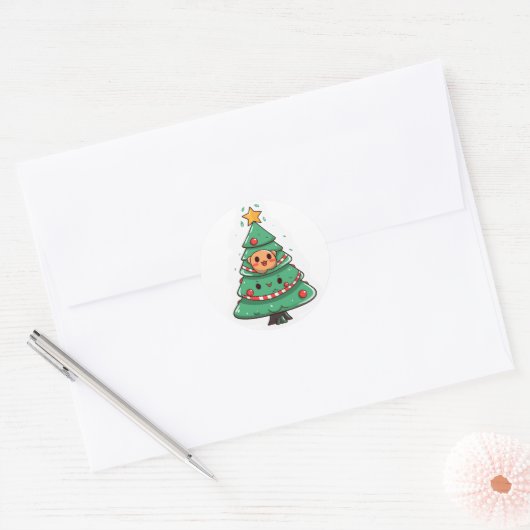 Kawaii kerstboom ronde sticker (Envelop)