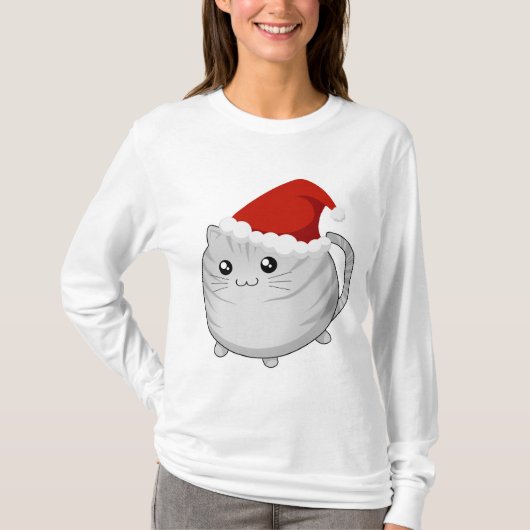 Kawaii kerstgrijze tafelklei kitty cat t-shirt (Voorkant)