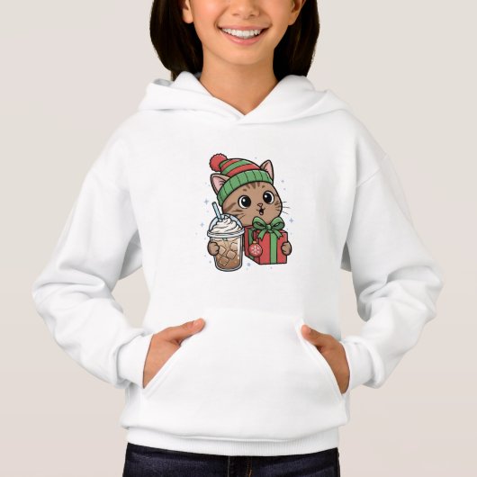 Kawaii Kerstkat en Iced Latte Pullover voor Kinder (Voorkant)