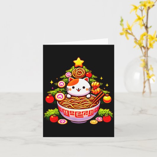 Kawaii Kerstkat Ramen Kerstboom Vakantie Kaart (Gele Bloem)