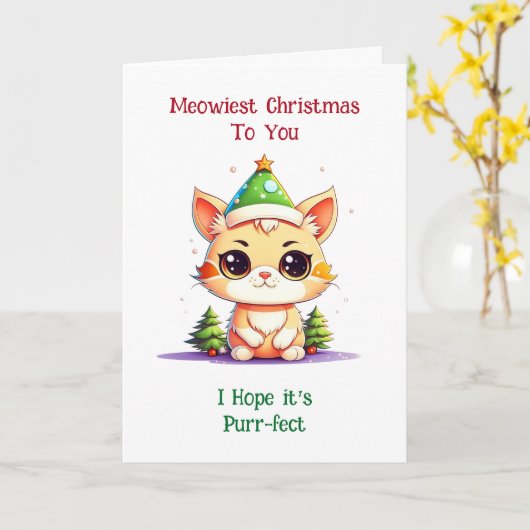 Kawaii Kerstkitten en Gelukkig Nieuwjaar Kaart (Gele Bloem)