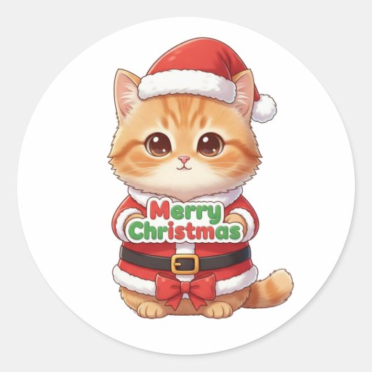 Kawaii Kerstman Kat Vrolijk Kerstfeest Ronde Sticker (Voorkant)