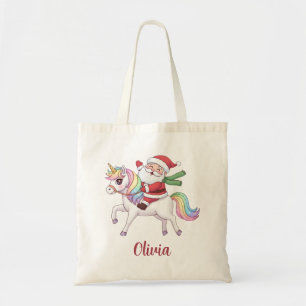 Kawaii Kerstman rijdt op een regenboog eenhoorn Tote Bag