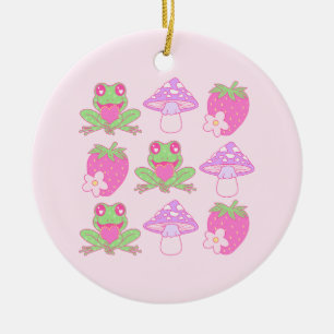 Kawaii Kikker, Paddestoel en Aardbei Keramisch Ornament