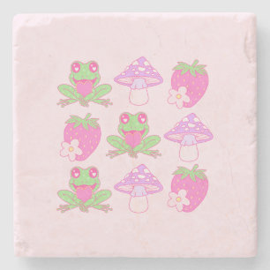 Kawaii Kikker, Paddestoel en Aardbei Stenen Onderzetter