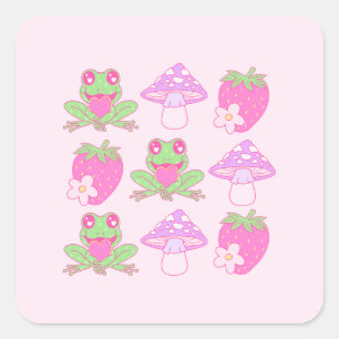 Kawaii Kikker, Paddestoel en Aardbei Vierkante Sticker