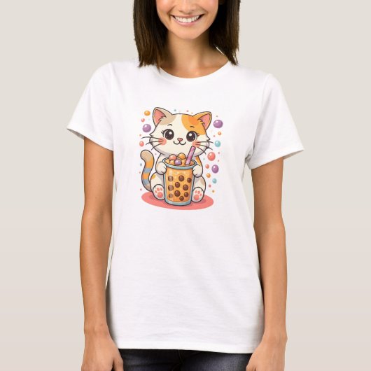 Kawaii Kitten Bubble Tea – Schattigee Calico Cat B T-shirt (Voorkant)