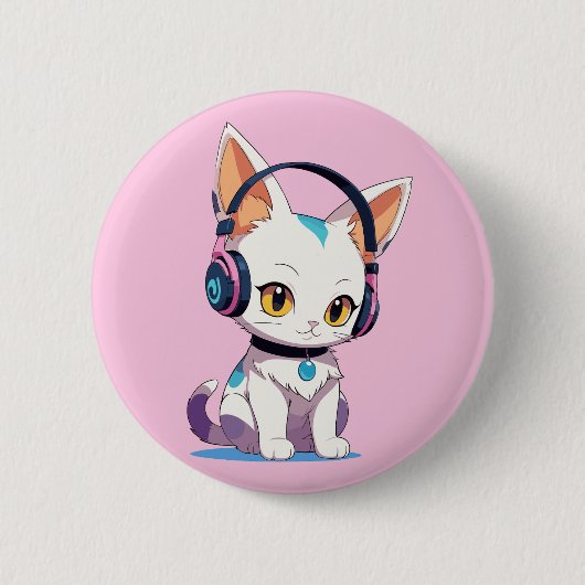 Kawaii Kitten in Schommelende Hoofdtelefoon Ronde Button 5,7 Cm (Voorkant)