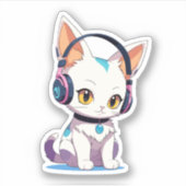 Kawaii Kitten met Schommelende Koptelefoon Sticker (Voorkant)