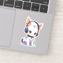 Kawaii Kitten met Schommelende Koptelefoon Sticker