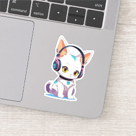 Kawaii Kitten met Schommelende Koptelefoon Sticker