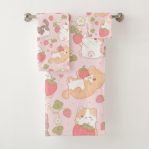 Kawaii Kittens en Zoete Aardbeien Patroon Bad Handdoek