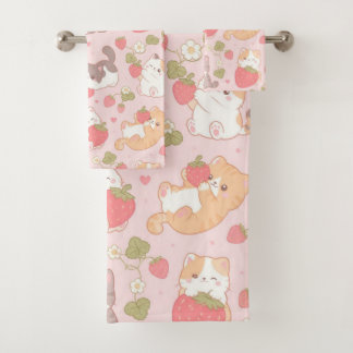 Kawaii Kittens en Zoete Aardbeien Patroon Bad Handdoek