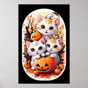 Kawaii Kittens spelen met een kleine pompoen Poster