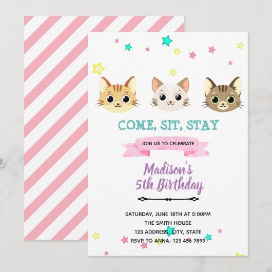 Kawaii kitty cat Birthday Invitation Kaart (Voorkant / Achterkant)
