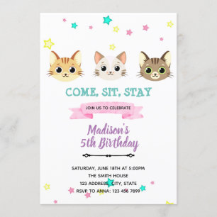 Kawaii kitty cat Birthday Invitation Kaart